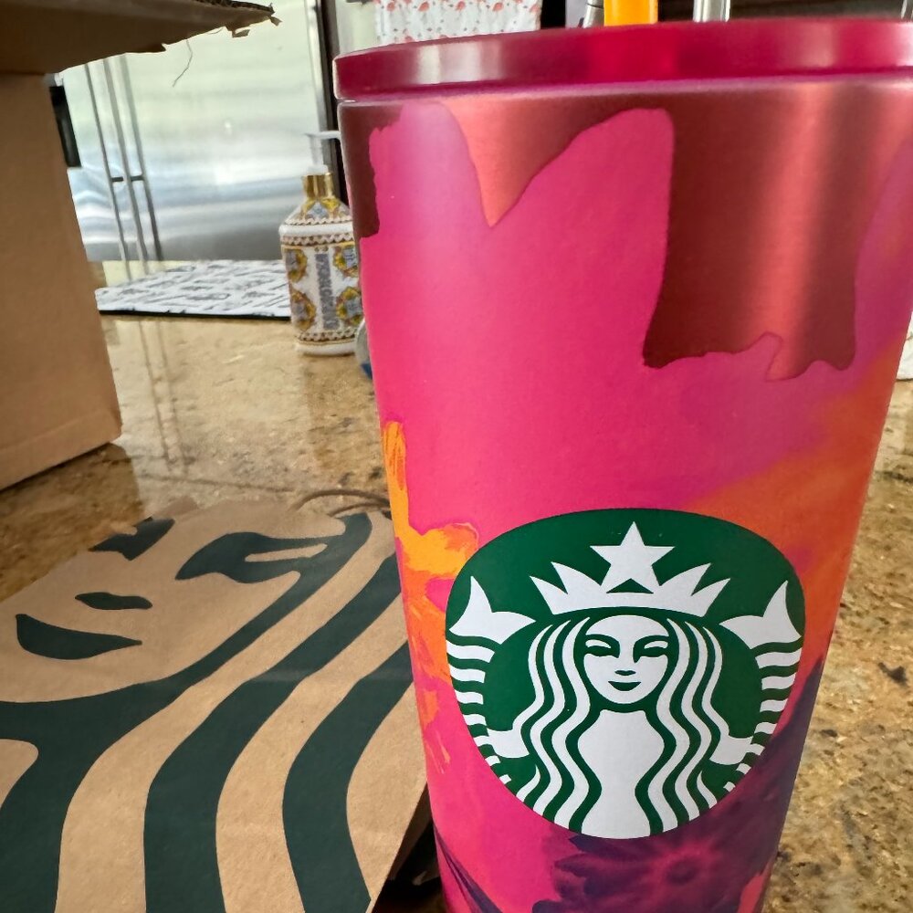 NEW-Starbucks Stainless Steel Red Flower Floral Summer Cold Cup Tumbler 24oz